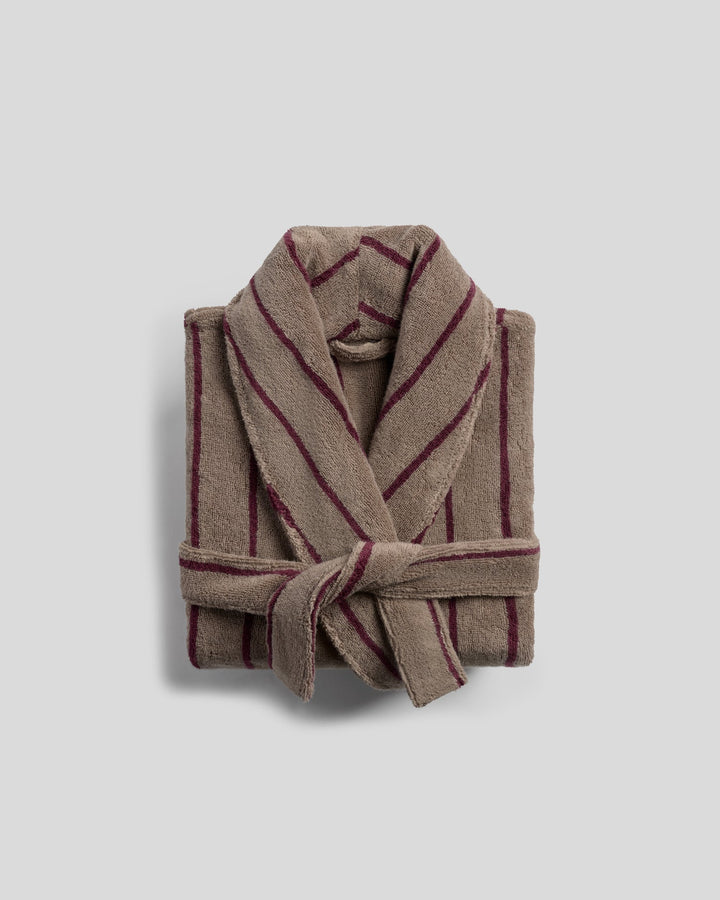 Turkish Cotton Stripe Robe Warm Grey with Garnet